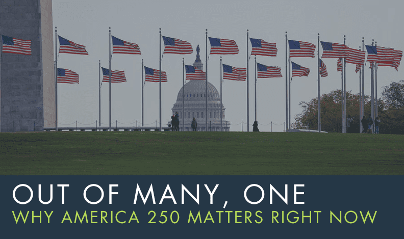 American flags surrounding the U.S. Capitol in Washington, D.C., symbolizing unity and America’s 250th anniversary.