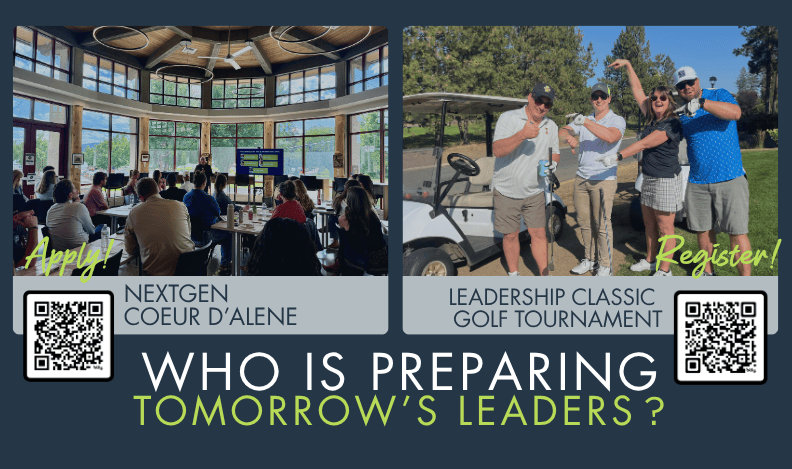 Leadership Coeur d'Alene alumni and NEXTGEN participants networking during a Coeur d'Alene Regional Chamber leadership event.