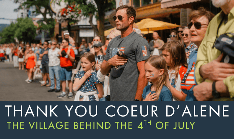 Volunteers, parade participants, and thousands of spectators celebrate America's 250th Fourth of July in downtown Coeur d'Alene, Idaho.