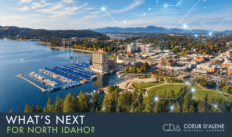 Aerial view of Coeur d’Alene with a digital network representing technology, innovation and entrepreneurship in North Idaho